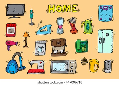 Household appliances and electronic devices icons. Hand drawn vector stock illustration.