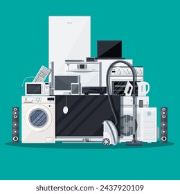 Household Appliances and Electronic Devices on green background. vector illustration in flat style