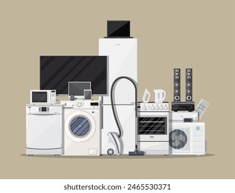 Household Appliances and Electronic Devices on brown background. vector illustration in flat style