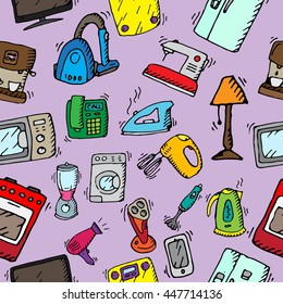 Household appliances and electronic devices seamless pattern. Hand drawn vector stock illustration.