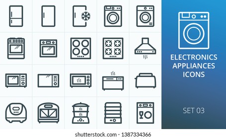 Household appliances and electronics icons set. Set of refrigerator, freezer, washing machine, cooker oven, electric hob, gas stove, microwave oven, bread maker, toaster, slow cooker icons