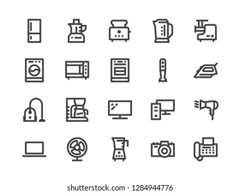 Household Appliances, Electronics Store Line Icon. Vector Illustration Flat style. Included Icons as Microwave Oven Stove, Iron, Vacuum Cleaner, Washer, Computer. Editable Stroke. 30x30 Pixel Perfect