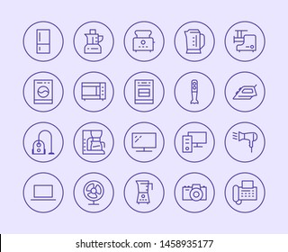 Household Appliances, Electronics Store Line Icon. Vector Illustration Flat style. Included Icons as Microwave Oven Stove, Iron, Vacuum Cleaner, Washer, Computer