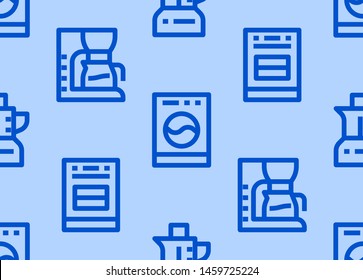 Household Appliances, Electronics Store Seamless Pattern with Line Icon. Vector Illustration Flat style. Included Icons as Stove, Coffee Maker, Washer, Blender. Blue Color Background