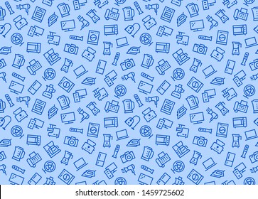 Household Appliances, Electronics Store Seamless Pattern with Line Icon. Vector Illustration Flat style. Included Icons as Stove, Iron, Vacuum Cleaner, Washer, Computer. Blue Color Background