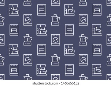 Household Appliances, Electronics Store Seamless Pattern with Line Icon. Vector Illustration Flat style. Included Icons as Stove, Coffee Maker, Washer, Blender. Dark Blue, White Background