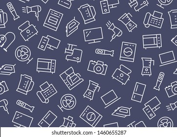 Household Appliances, Electronics Store Seamless Pattern with Line Icon. Vector Illustration Flat style. Included Icons as Stove, Iron, Vacuum Cleaner, Washer, Computer. Dark Blue, White Background