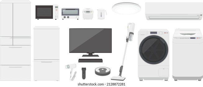 Household appliances and electronics. Vector illustration of home appliances such as refrigerator, washing machine, vacuum, microwave and television.