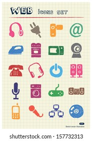 Household appliances and electronics web icons set drawn by color pencils. Hand drawn vector elements pack isolated on paper