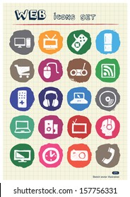 Household appliances and electronics web icons set drawn by chalk. Hand drawn vector elements pack isolated on paper