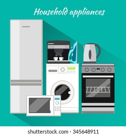 Household appliances flat design. Household items, washing machine, kitchen appliances, equipment and kitchen, machine and stove, cooking domestic, microwave electric illustration