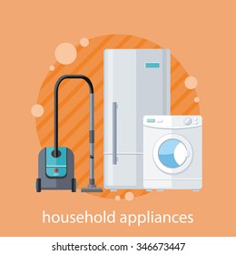 Household appliances flat design. Household items, washing machine, kitchen appliances, equipment and kitchen, machine and stove, cooking domestic, microwave electric illustration banner