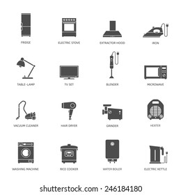 Household appliances flat icons with descriptions. Vector illustration