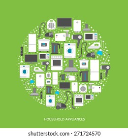 Household appliances flat icons with descriptions. Vector illustration