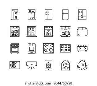Household Appliances flat line icons set. Home gas oven hob, induction cooktop, fridge, oven, refrigerator and other appliances. Simple flat vector illustration for clinic, web site or mobile app.
