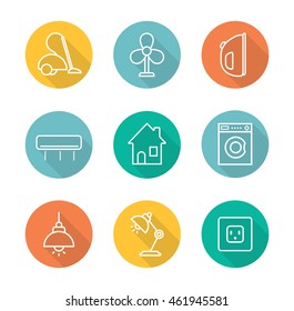 Household appliances flat linear long shadow icons set. Vacuum cleaner, iron, air conditioner, house, washing machine, ceiling and table lamps, power rosette. Home electronics . Vector line symbols