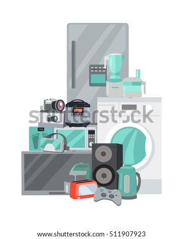 Household appliances in flat style. Illustration for electronics stores advertising. Electric equipment for every day use. Big sale concept. Set of electronic devices. Black friday. Vector