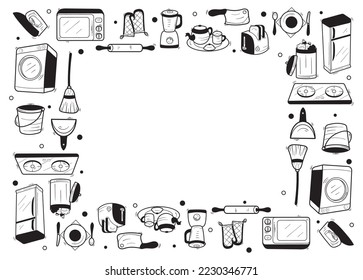 Household Appliances Frame Background. Home Appliances Collection, Hand Drawn. Home Appliances Doodles. Vector illustration