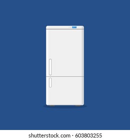 Household appliances fridge isolated on blue background. Electronic device refrigerator. Home appliance freezer vector illustration.