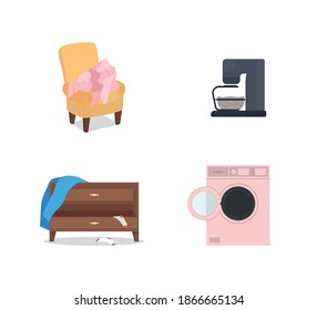 Household appliances and furniture, flat color vector objects. Clothes on armchair. Coffee machine. Housework, housekeeping isolated cartoon illustration for web graphic design and animation