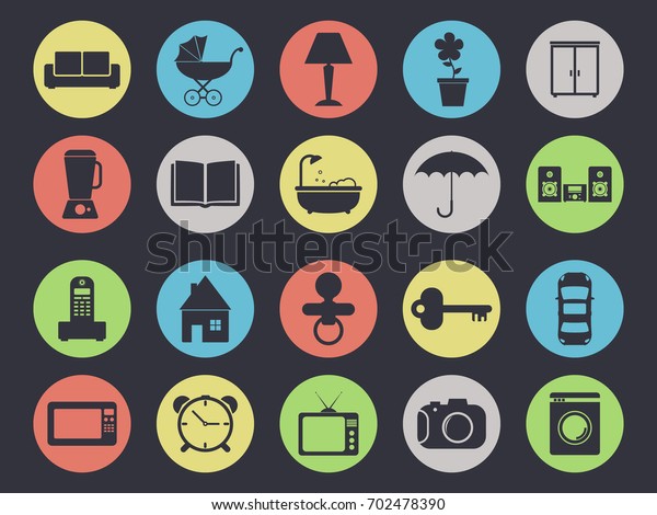 Household appliances and furniture icon set\
isolated on black