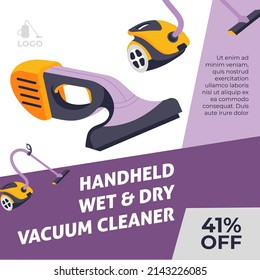 Haushaltsgeräte und Geräte für Sauberkeit und Hygiene. Handgehaltener Nass- und Trockenstaubsauger für Haus oder Auto. Hoovering und Beseitigung von Staub, Verkauf und Rabatte. Vektorgrafik im Flachstil