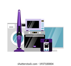 Household appliances. Group of home appliances on white background.