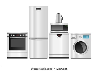 Household Appliances, Group of household appliances on a white background, Household Appliances, 3d Vector isolated and transportation illustration