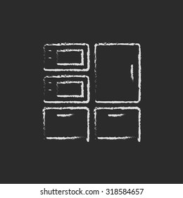 Household appliances hand drawn in chalk on a blackboard vector white icon isolated on a black background.