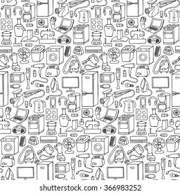 Household appliances hand drawn seamless pattern. Vector illustration of doodle seamless household appliances element