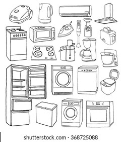 Household appliances hand drawn set. Vector illustration of doodle household appliances. 