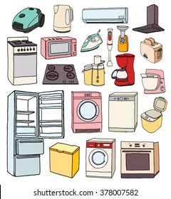 Household appliances hand drawn set. Vector illustration of doodle household appliances. Doodle household appliances. Appliances doodle.