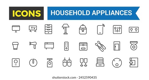 Household Appliances And Home Icons Set, Set Of Refrigerator, Freezer, Washing Machine, Dishwasher, Cooker, Hob, Gas Stove, Kitchen Hood, Coffee Machine Vector Icons, Vector Illustration