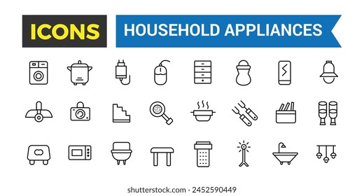 Household Appliances And Home Icons Set, Set Of Refrigerator, Freezer, Washing Machine, Dishwasher, Cooker, Hob, Gas Stove, Kitchen Hood, Coffee Machine Vector Icons, Vector Illustration