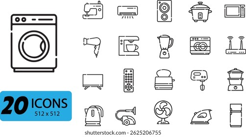 Household Appliances Icon Set: 20 Outline Vector Illustrations Representing Home Electronics