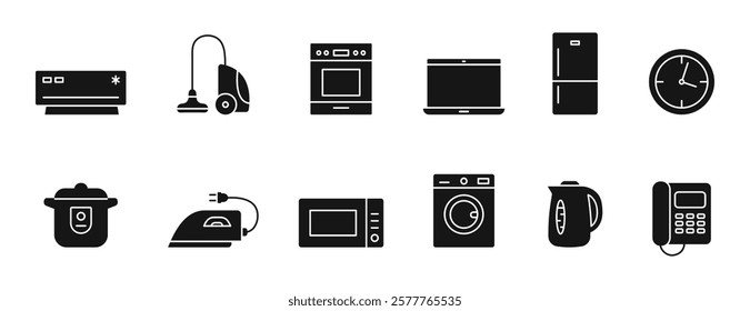 Household Appliances  Icon Set. Home appliances symbol. Black silhouette logo. Vector.