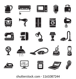 Household appliances icon set in minimalist style. Black sign on white background. Toaster, sewing machine, multi cooker, tea pot, air conditioning, fen and other