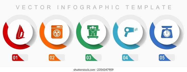 Icon-Set für Haushaltsgeräte, verschiedene Icons wie Bügeleisen, Trockner, Kaffeemaschine und Küchenwaage, flaches Design, Vektorgrafik-Vorlage, Web-Buttons in 5 Farboptionen