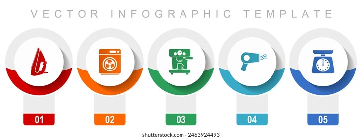 Haushaltsgeräte-Icon-Set, verschiedene Vektor-Icons wie Bügeleisen, Trockner, Kaffeemaschine und Küchenwaage, modernes Design Infografik-Vorlage, Web-Buttone in 5 Farboptionen