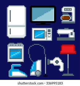 Household appliances icon set. Pixel art. Old school computer graphic style.