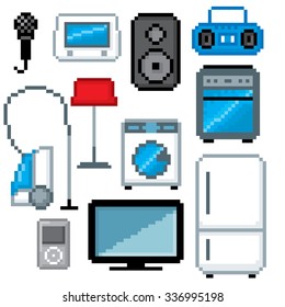 Household appliances icon set. Pixel art. Old school computer graphic style.