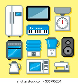 Household appliances icon set. Pixel art. Old school computer graphic style.