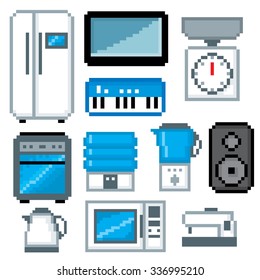 Household appliances icon set. Pixel art. Old school computer graphic style.