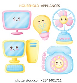 household appliances icon set vector illustratio, include computer telephone television fan and light bulb.