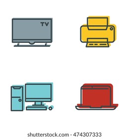 Household appliances icons flat. TV and laptop computer. Vector illustration