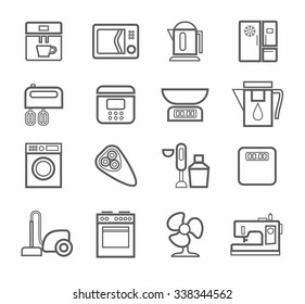 Household appliances, icons, line, white background. Line drawings of household appliances and electrical appliances. Vector icons. Gray image on a white background. 