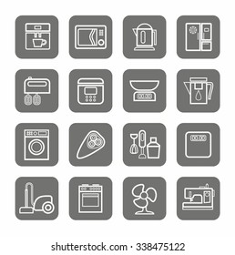 Household appliances, icons, monochrome, linear. Vector line drawings of household appliances and electrical appliances. White image on a gray background. 