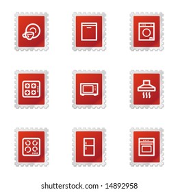 Household appliances icons, red stamp series