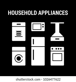 Household appliances icons set. Large. Flat. White.