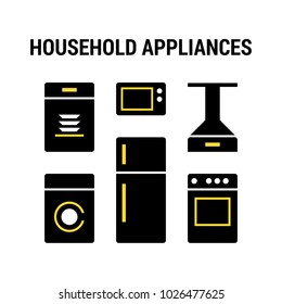 Household appliances icons set. Large. Flat. Black and yellow.